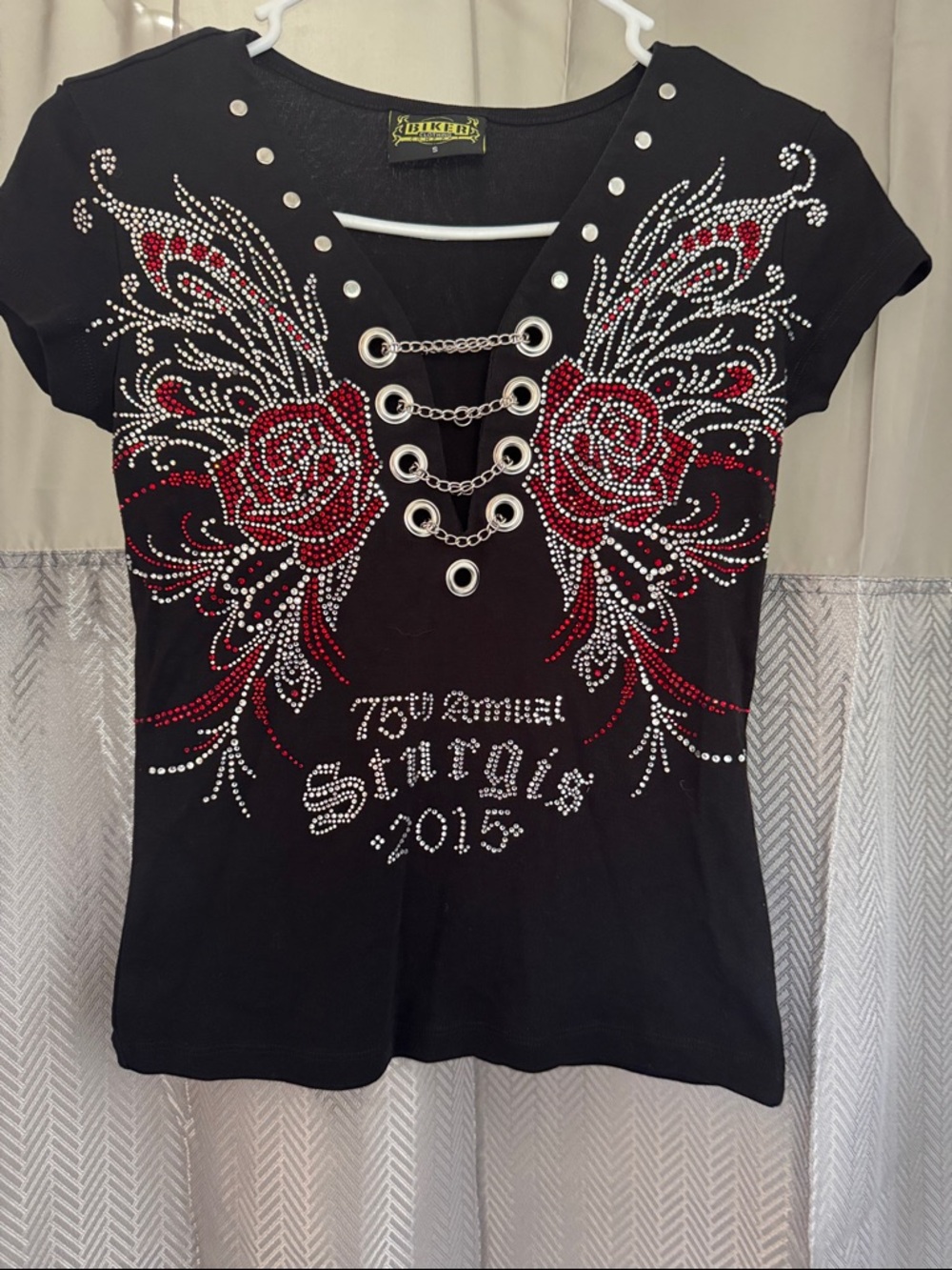 Embellished Black Lace-Up Tee with Red Rose Wings